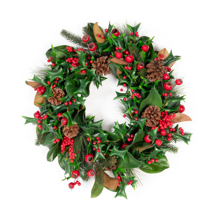 Magnolia & Red Berry Wreath - 24 Inch