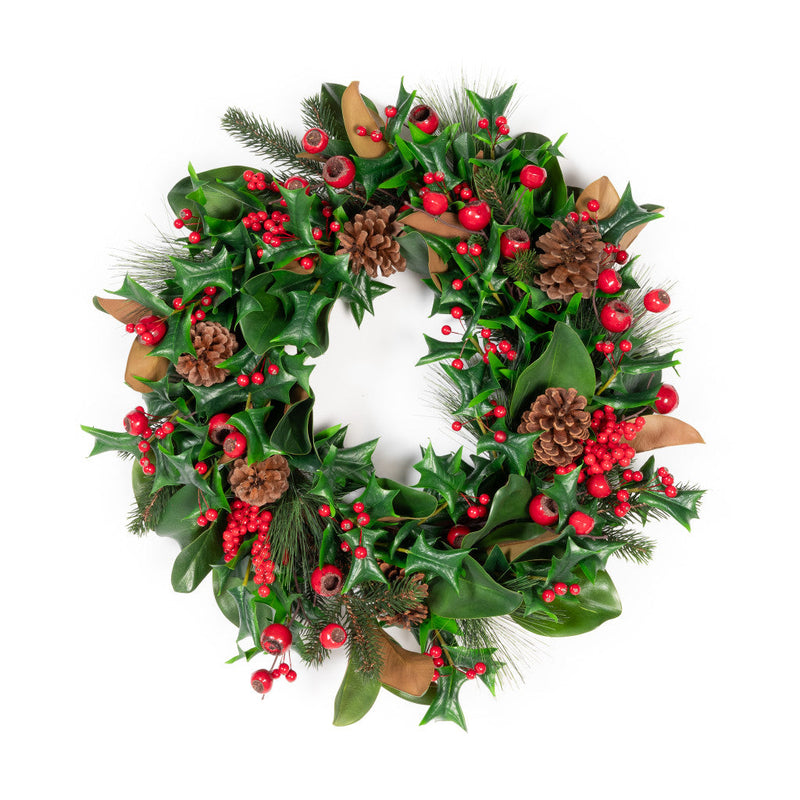 Magnolia & Red Berry Wreath - 24 Inch